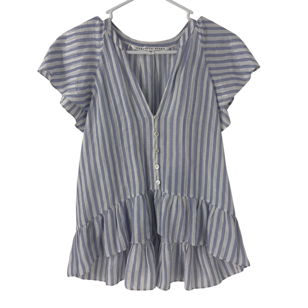 Veronica Beard Blue White Striped Linen Silk Flutter Sleeve Peplum Top 8 - Picture 2 of 9